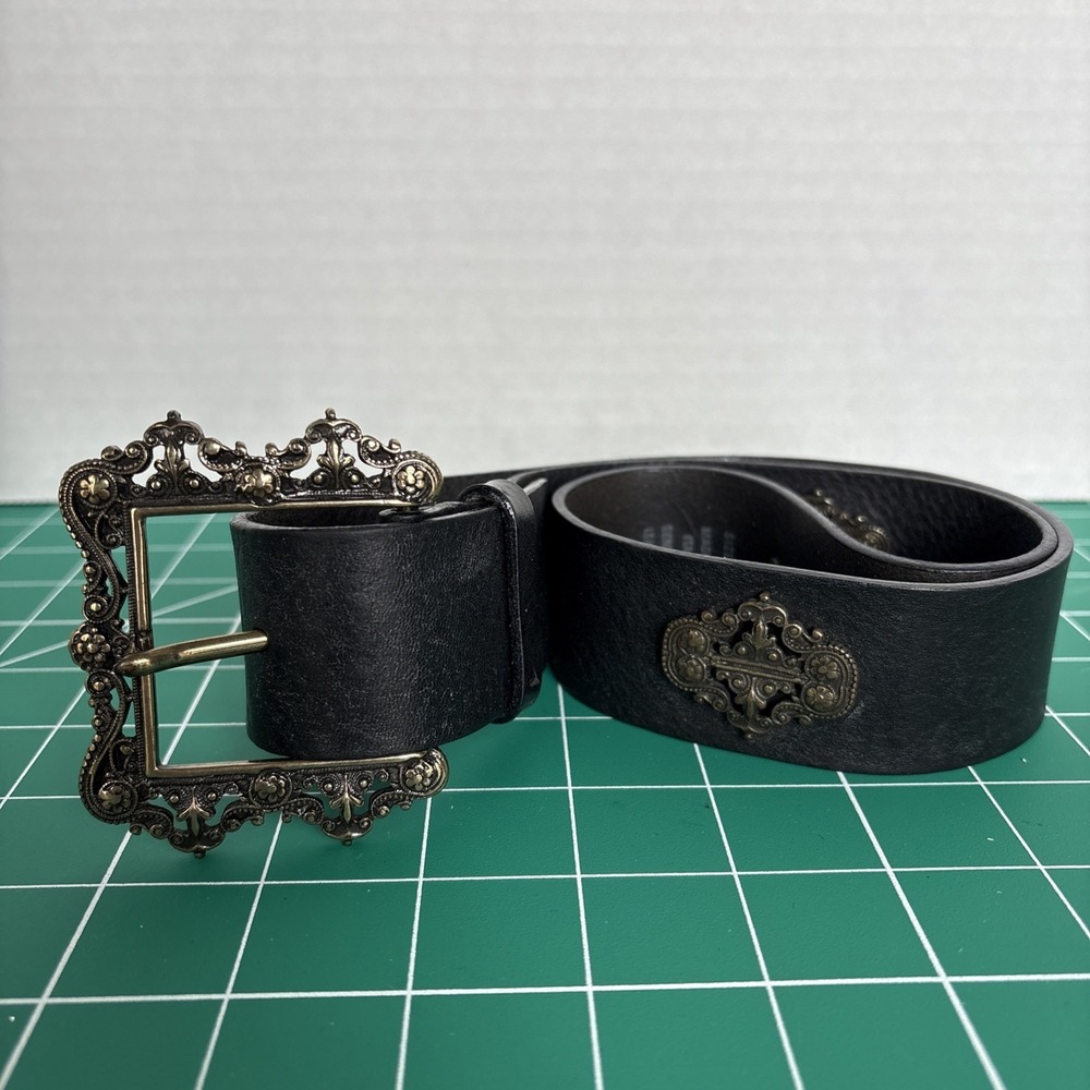 Womens Black Genuine Leather Designer Belt Ornate Filigree Buckle Italy S